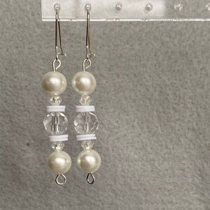 Hand crafted clear, and white faux‎ pearl long dangle earrings